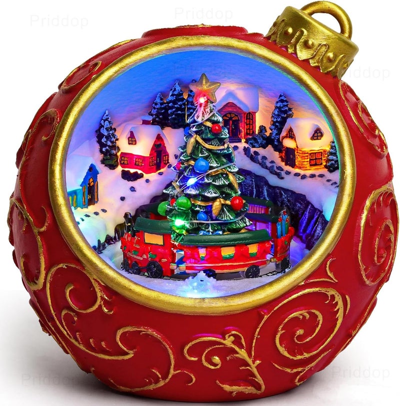 Priddop Christmas Village Scene Animated Rotating Train LED Lights Christmas Decorations Music with Volume Adjustment USB/Battery Timer Collectible Buildings Figurines Globe Gifts - Image 1